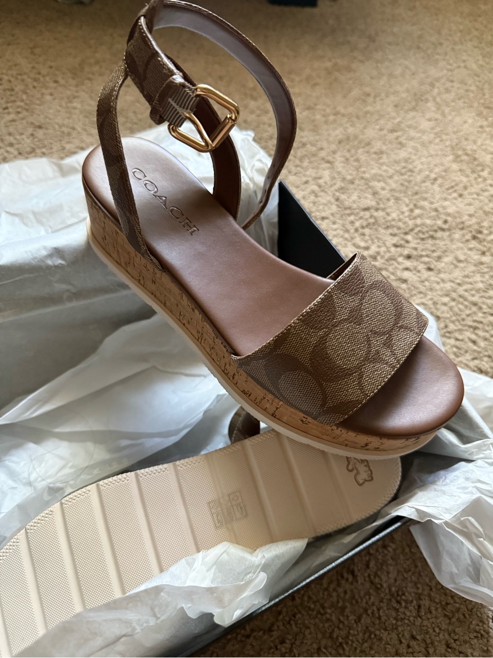 Coach Brown Cork Platform Sandal with Signature Canvas Strap